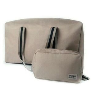 Weekender And Make Up Bag Matching Set Tan & Black Zipper Pockets NWT Travel